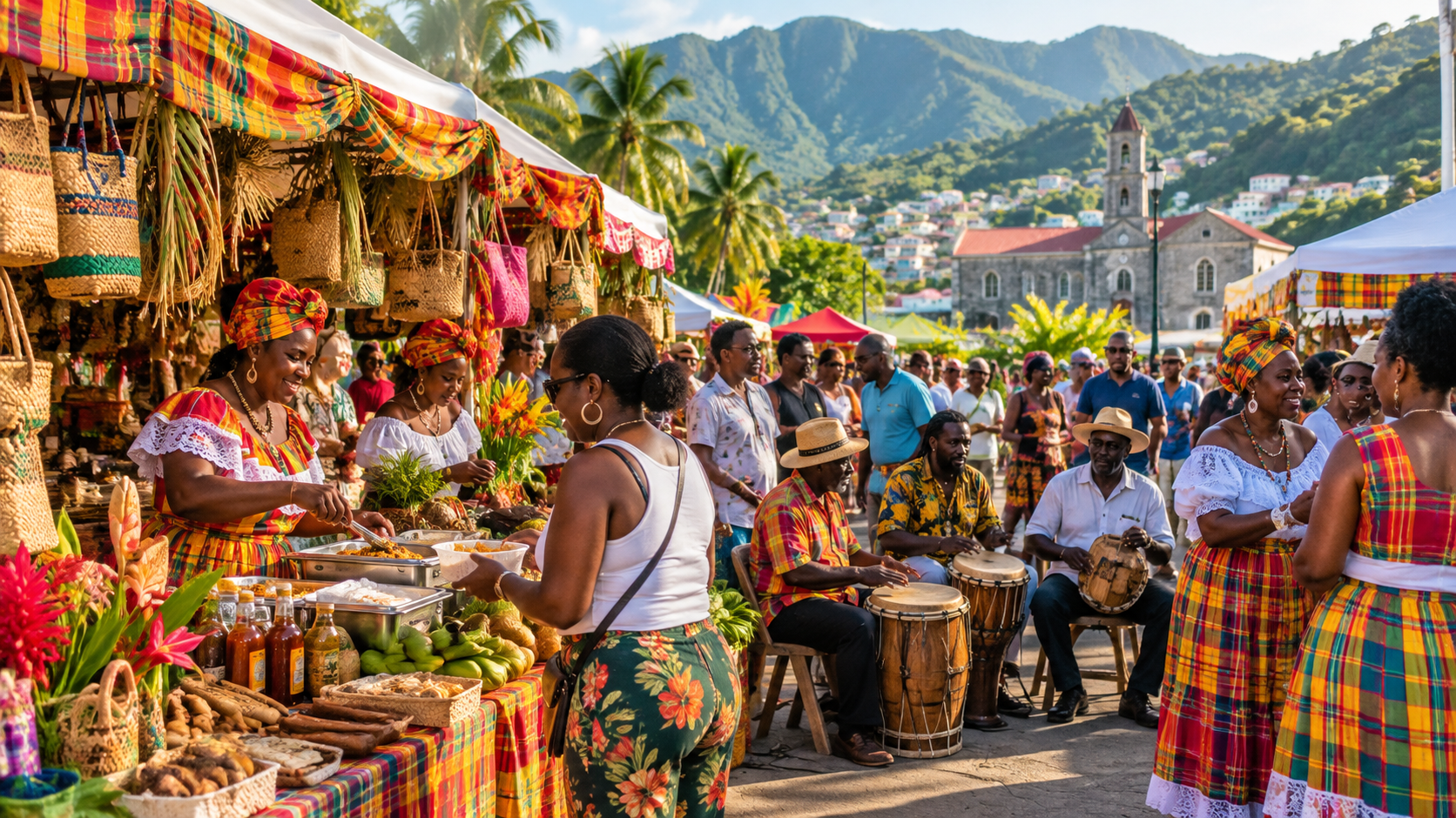 AI-generated illustration of a Dominican Creole cultural village with food, crafts and musicians