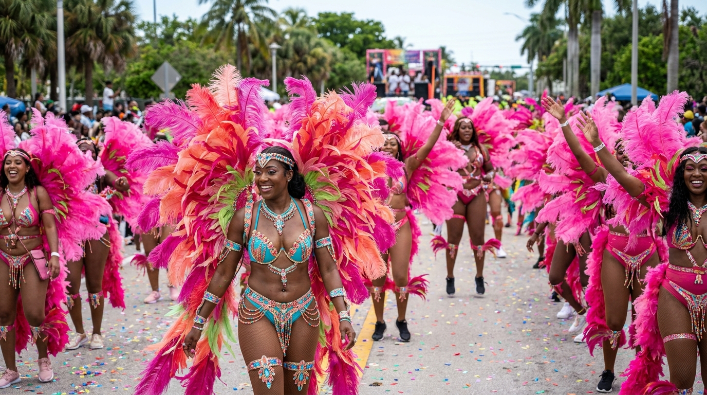 Masqueraders in bright pink feathered costumes dancing at Miami Carnival 2026