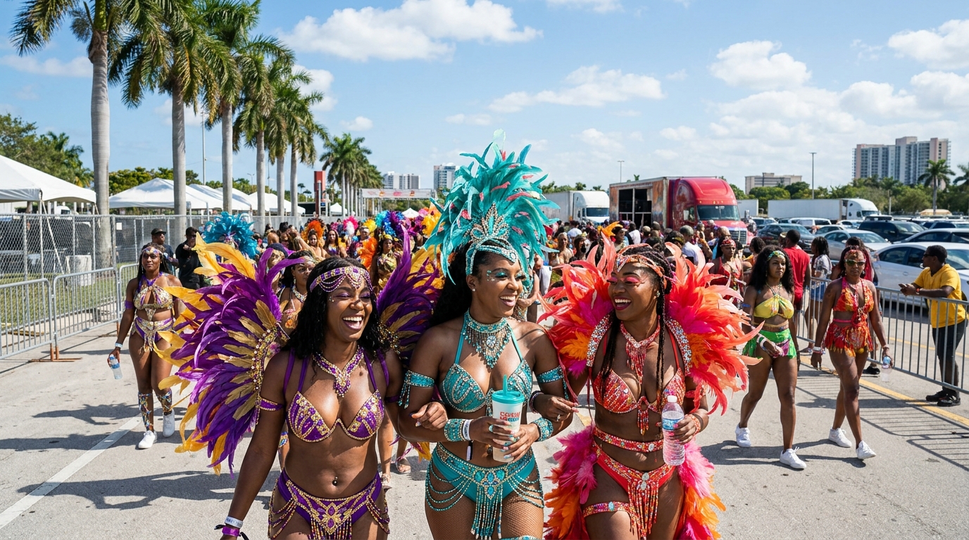 Masqueraders in colorful costumes walking the parade route at Miami Carnival 2026