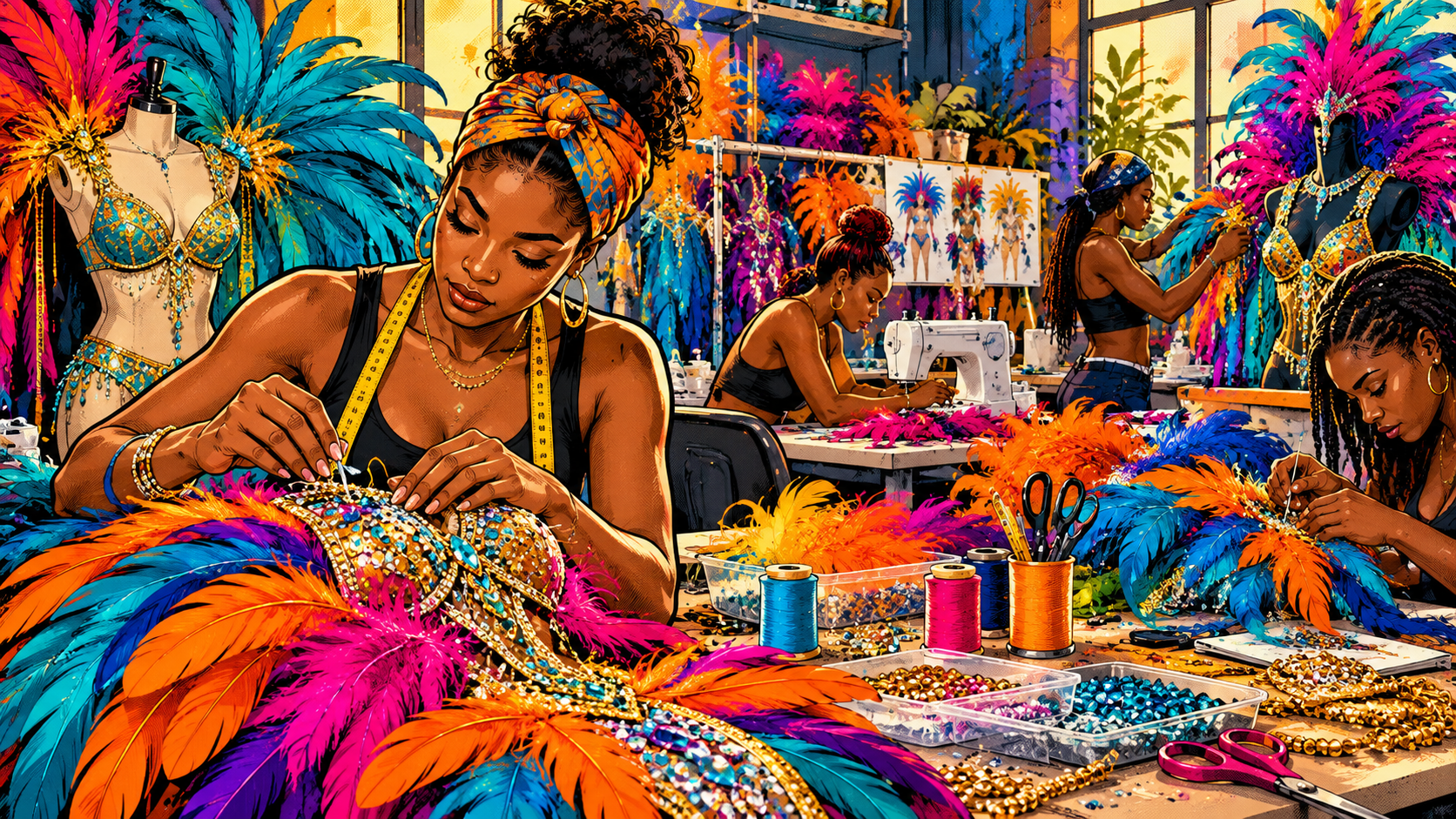 Pop-art illustration of Caribbean Carnival costume makers at work.