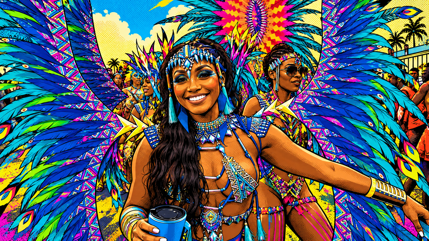 Masqueraders in feathered costumes celebrating at sunset during Miami Carnival 2026.