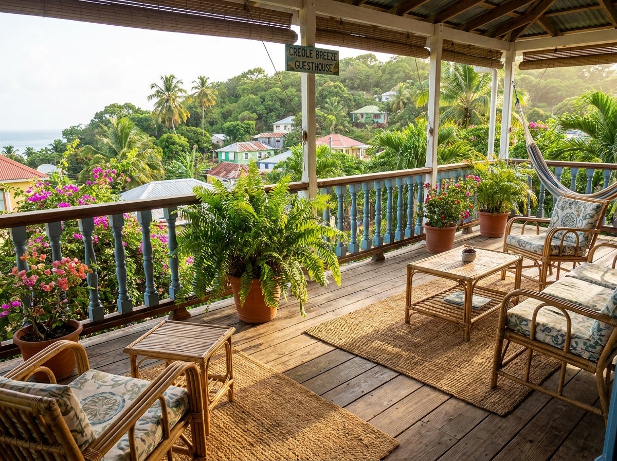 Guesthouse veranda with rattan seating, hammock and bougainvillea overlooking a lush green valley in Dominica