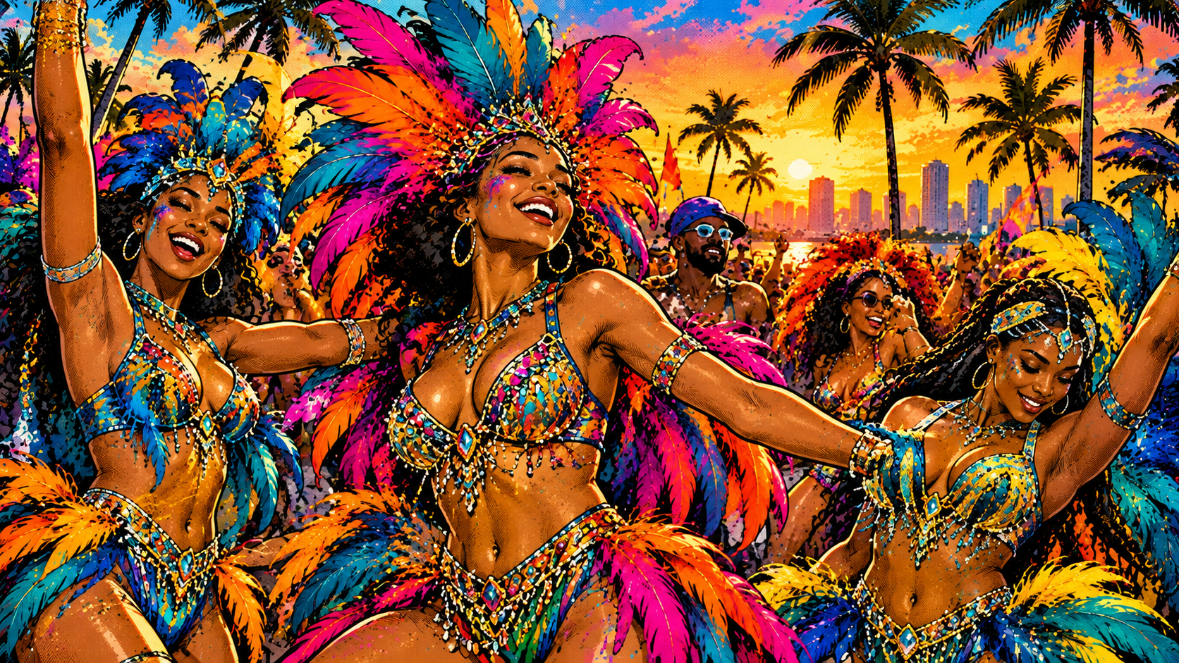Pop-art illustration of Carnival masqueraders celebrating together.