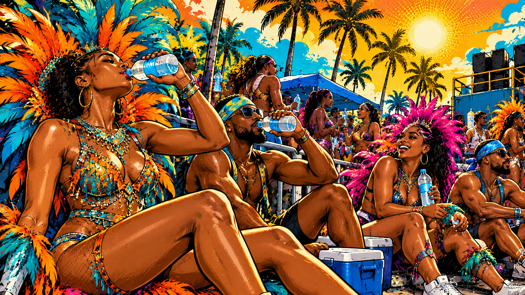 Pop-art illustration of Carnival masqueraders taking a hydration break.