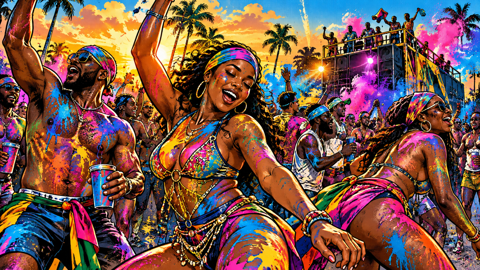 Illustrated J'Ouvert revelers dancing in paint and powder.
