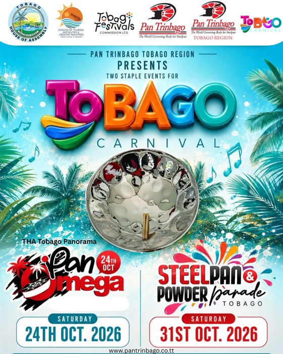 Pan Trinbago Tobago Region flyer: Pan Omega on October 24, 2026, and Steelpan and Powder Parade on October 31, 2026.