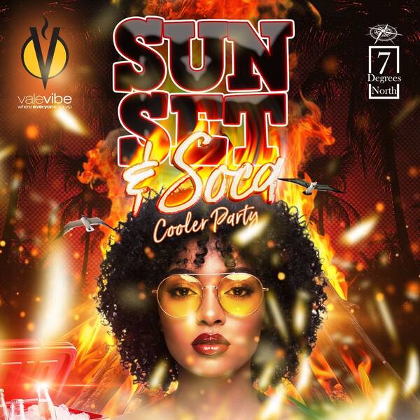 Sunset and Soca cooler party artwork from ValeVibe and 7 Degrees North.