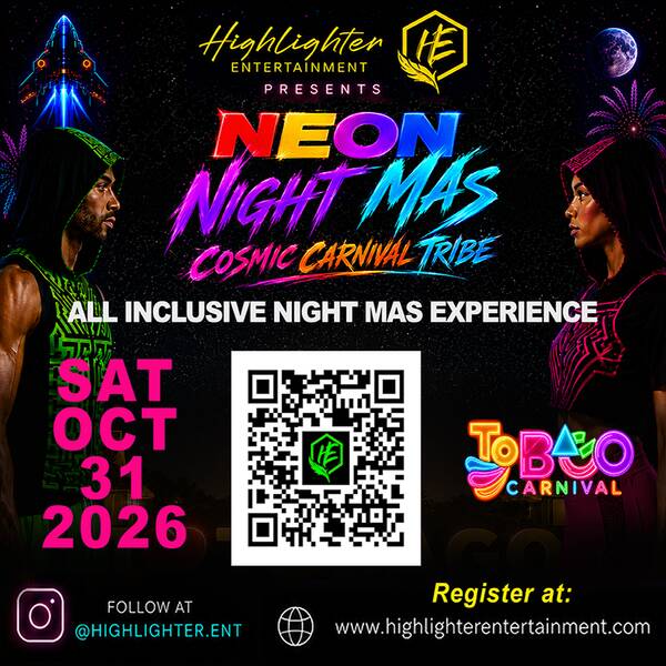 NEON Night Mas: Cosmic Carnival Tribe registration flyer from Highlighter Entertainment, Saturday, October 31, 2026.