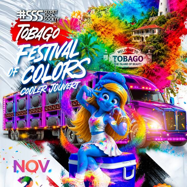 Secret Soca Society Tobago Festival of Colors cooler J’Ouvert artwork with colorful powder and music trucks.
