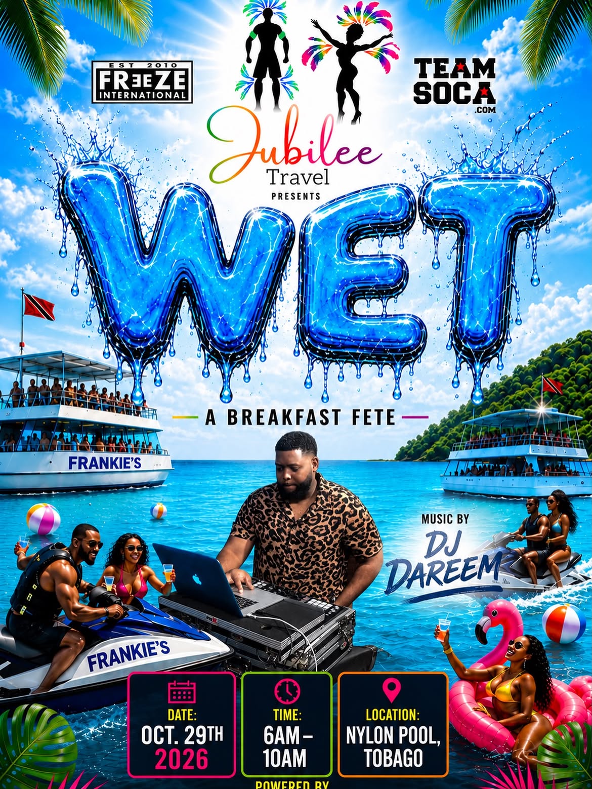 WET breakfast fête flyer: October 29, 2026, 6 a.m. to 10 a.m., Nylon Pool, Tobago.