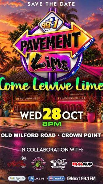 NEXT 99.1FM Pavement Lime — Come Lewwe Lime — Tobago Carnival 2026 event flyer.