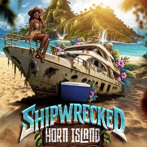 Shipwrecked Horn Island cooler fête artwork featuring a woman on a wrecked boat.